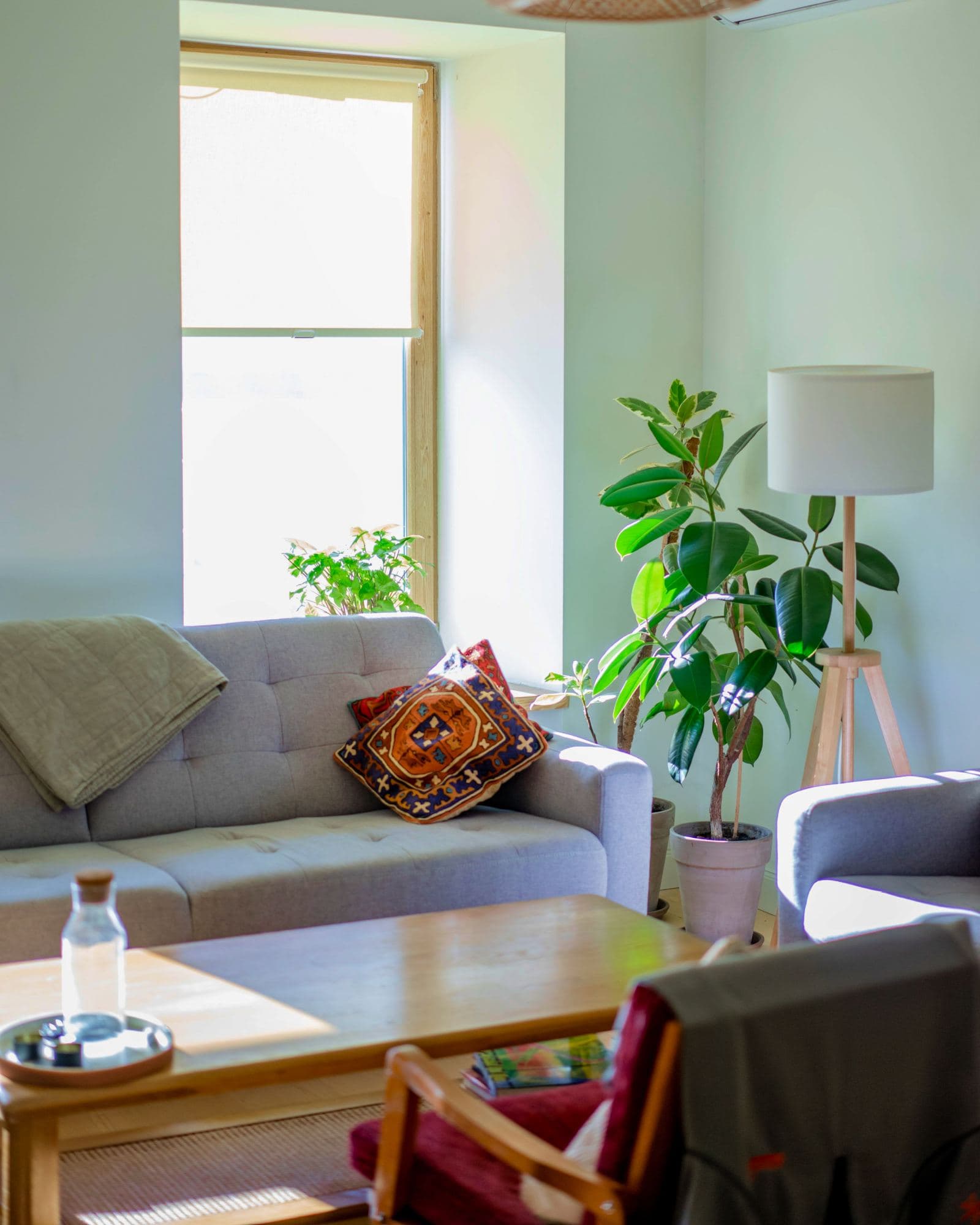 Lys stue med sofa, planter og salongbord